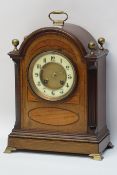 Edwardian satinwood inlaid mahogany mantle clock, domed case with fluted canted corners,