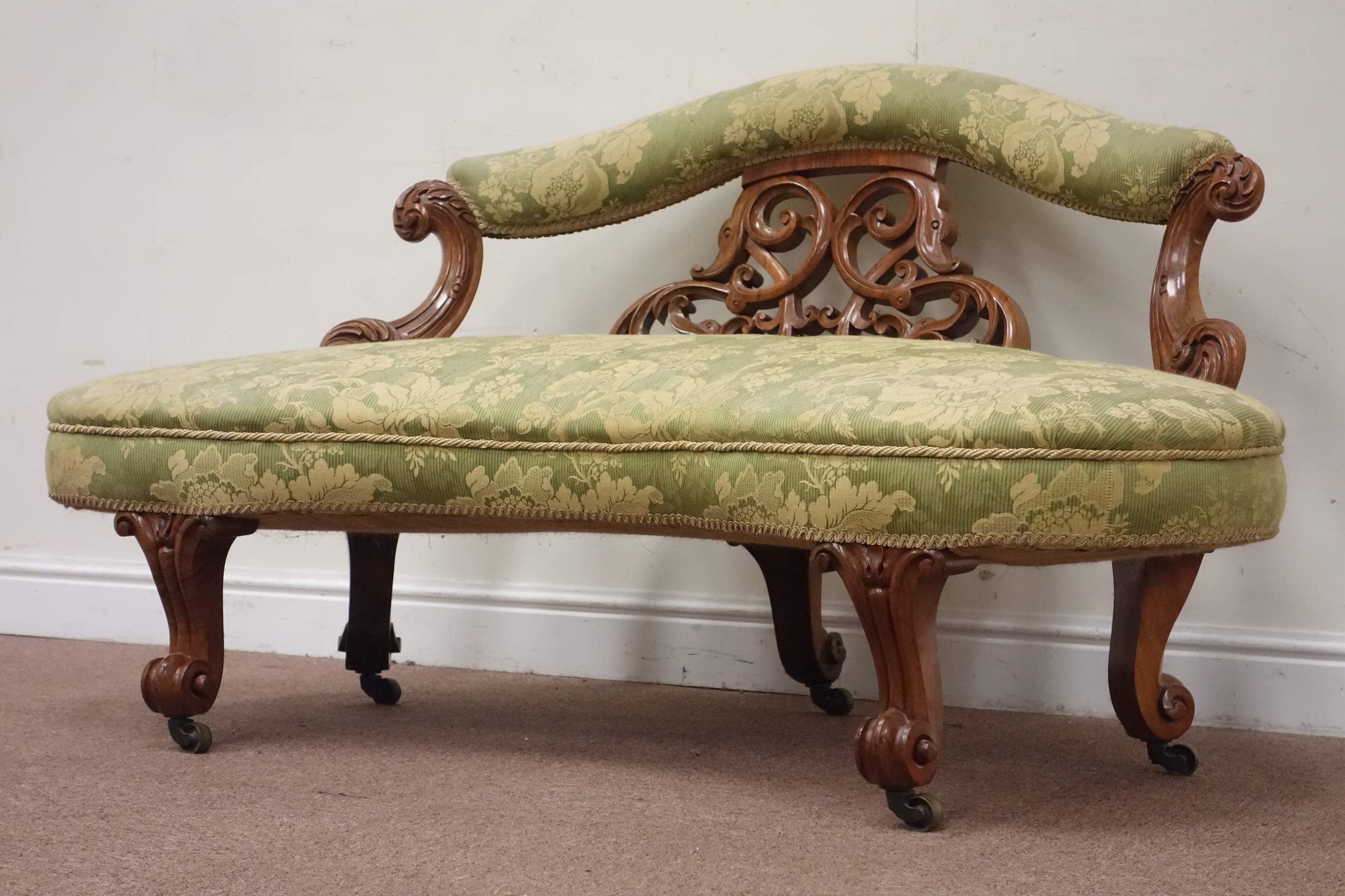 Victorian walnut framed kidney shaped settee, fret work and carved back supports, - Image 2 of 4