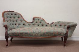 Victorian walnut framed upholstered double ended chaise longue, floral carvings,