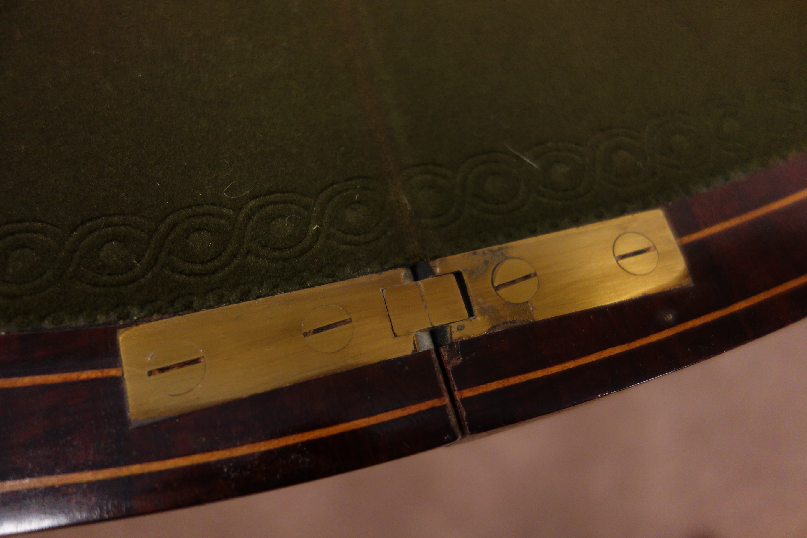 Edwardian inlaid mahogany serpentine fold over top card table, tooled baise lined, - Image 8 of 8