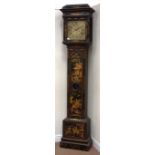 18th century chinoiserie and black lacquered longcase clock decorated with gilt pagoda and figural