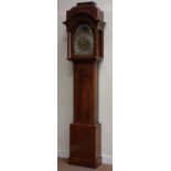 Early to mid 18th century walnut longcase clock, moulded caddie pediment,