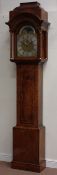 Early to mid 18th century walnut longcase clock, moulded caddie pediment,