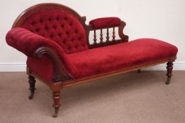 Victorian mahogany chaise longue, upholstered in deep red with button arm and back, with balustrade,