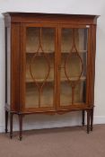 Edwardian inlaid mahogany display cabinet enclosed by two astragal glazed doors, satin wood banding,