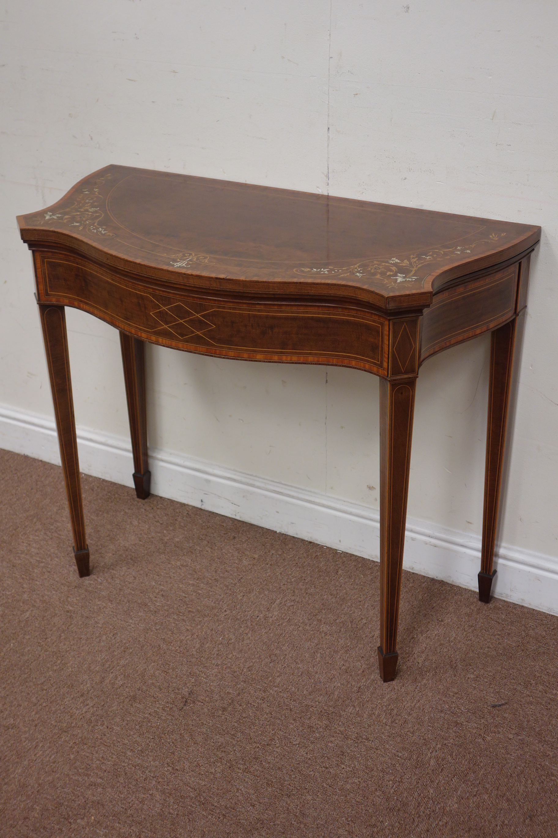 Edwardian inlaid mahogany serpentine fold over top card table, tooled baise lined, - Image 2 of 8