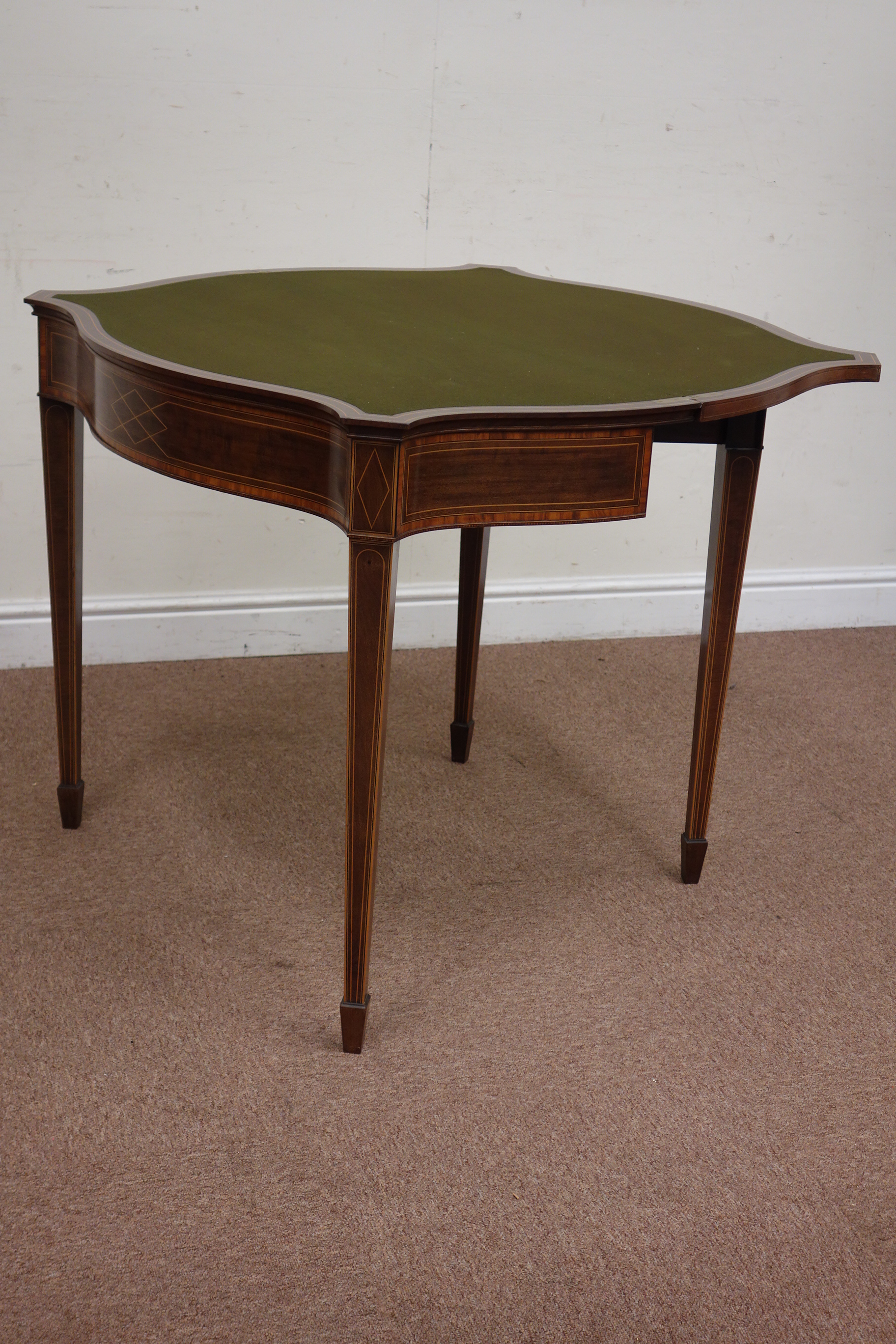 Edwardian inlaid mahogany serpentine fold over top card table, tooled baise lined, - Image 6 of 8
