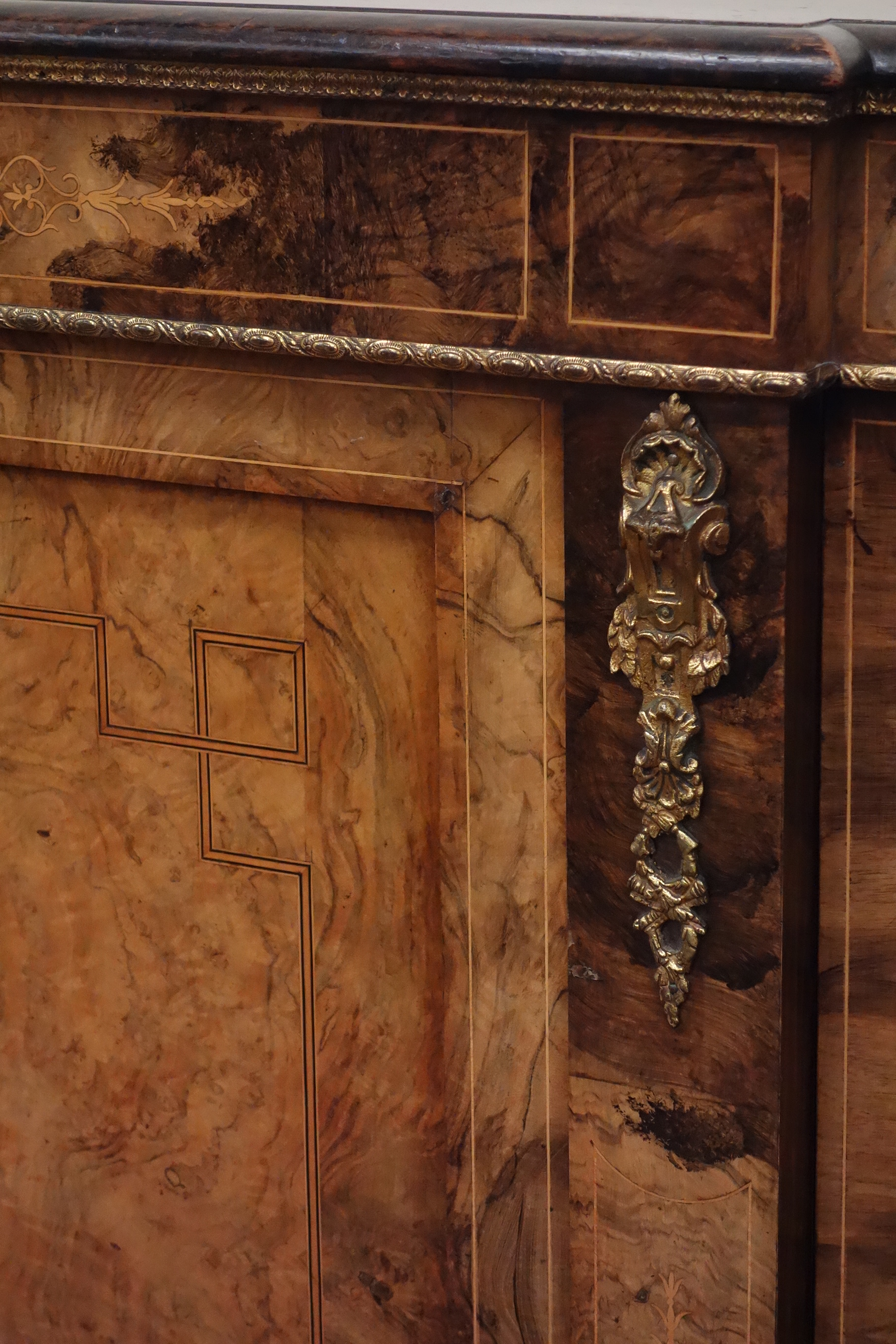 Victorian inlaid figured walnut credenza, moulded rounded rectangular top over frieze panel, - Image 2 of 3