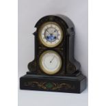 Victorian black slate mantle clock and barometer, the arched case with white enamel dial,