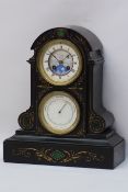 Victorian black slate mantle clock and barometer, the arched case with white enamel dial,
