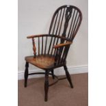 Late 18th century yew wood and elm high-back Windsor armchair, double hoop,