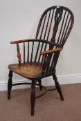 Late 18th century yew wood and elm high-back Windsor armchair, double hoop,