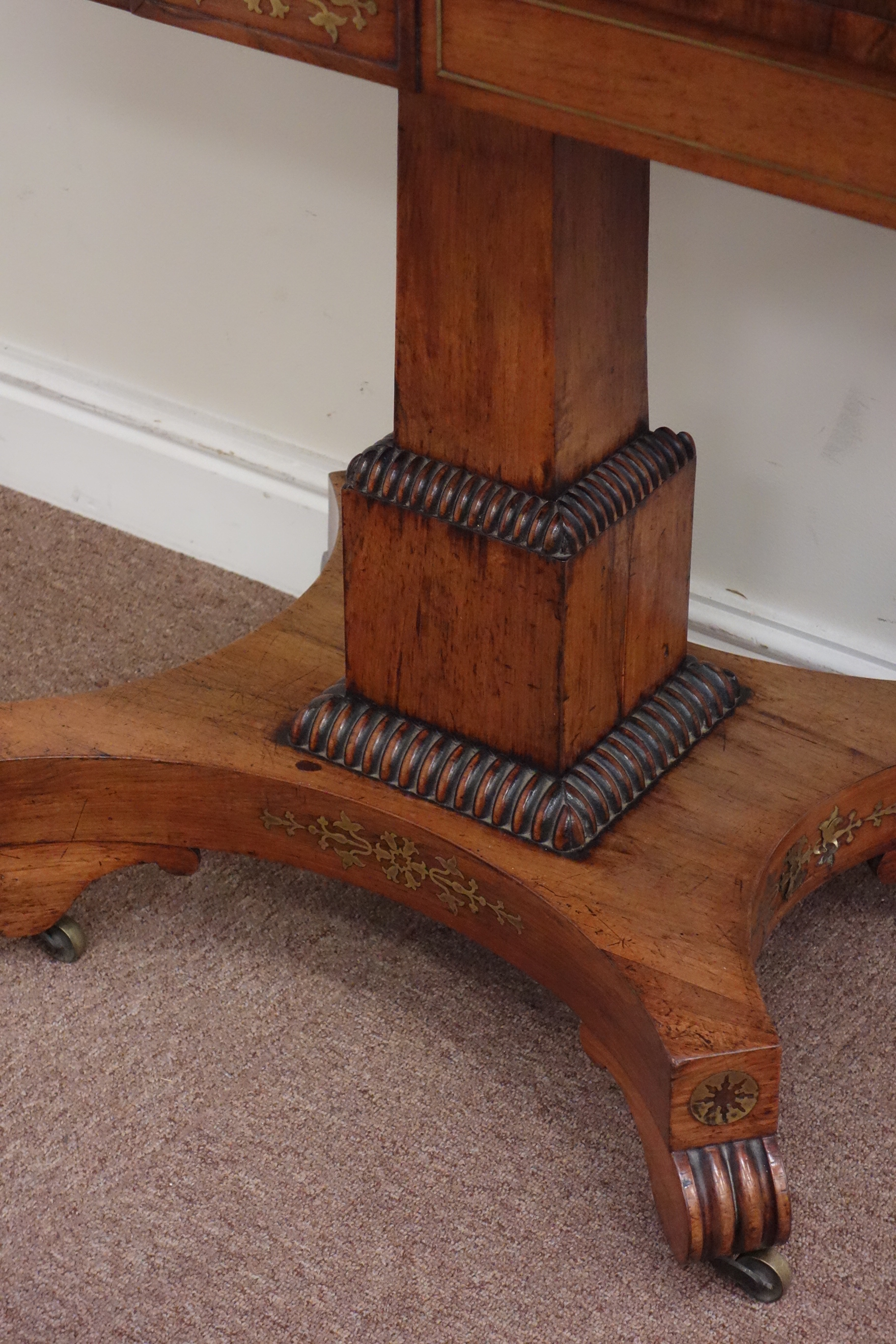 Regency brass inlaid rosewood card table, rounded rectangular hinged top, - Image 3 of 3