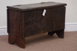 17th century oak plank coffer, hinged lid, W69cm, H44cm,