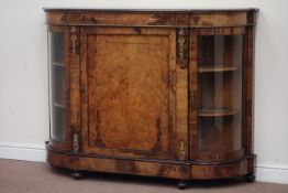 Victorian inlaid figured walnut credenza, moulded rounded rectangular top over frieze panel,