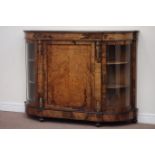 Victorian inlaid figured walnut credenza, moulded rounded rectangular top over frieze panel,