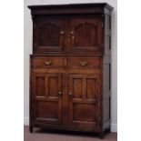 18th century oak court cupboard, bottom section fitted with two drawers and two panelled cupboards,