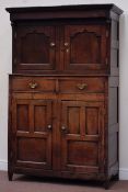 18th century oak court cupboard, bottom section fitted with two drawers and two panelled cupboards,