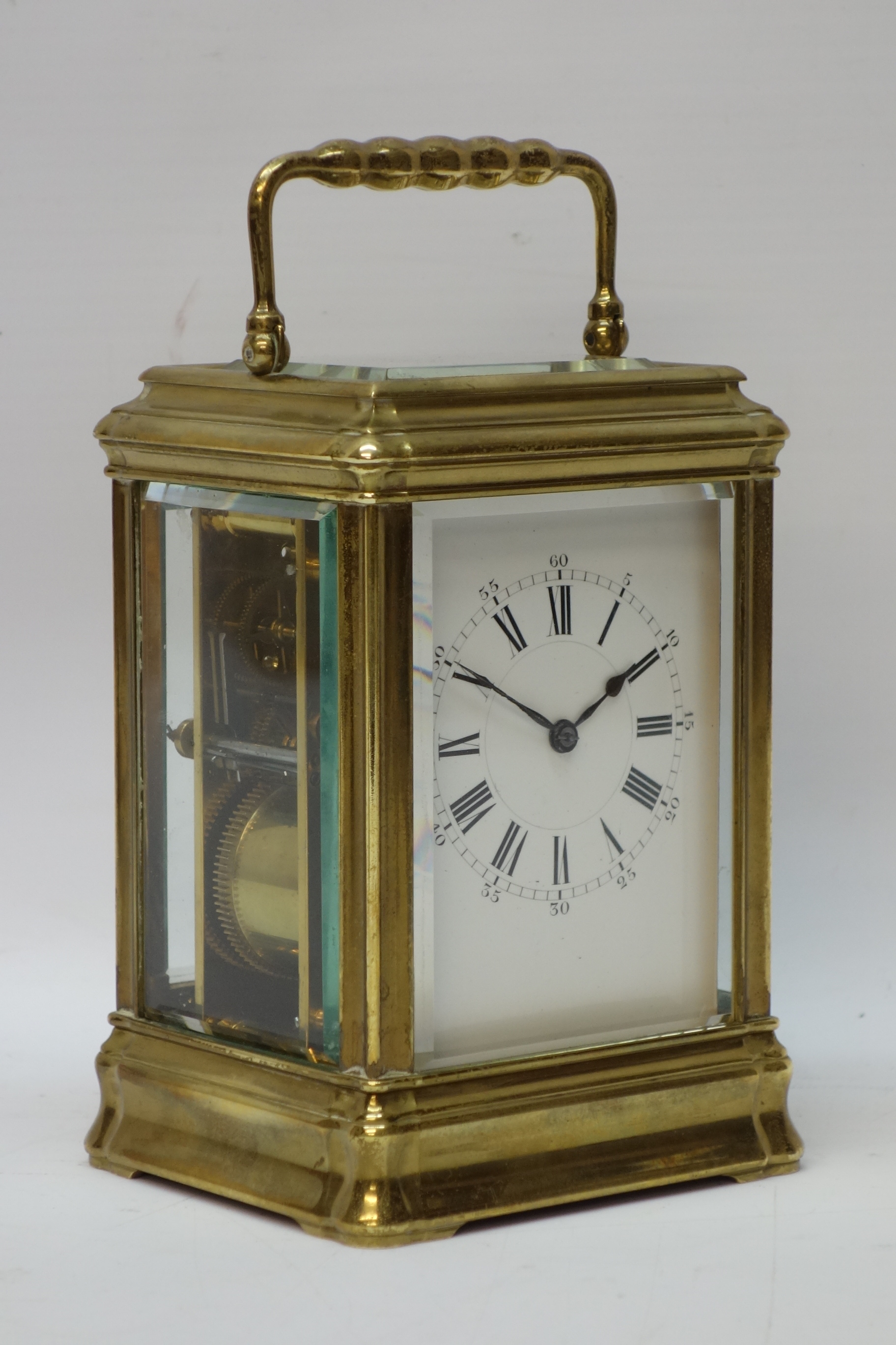 19th century French brass Carriage clock in Gorge case with white enamel dial,