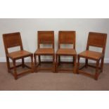 Set four 'Mouseman' oak dining chairs, figured adzed panel backs,