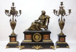 Victorian black slate and bronze clock garniture,