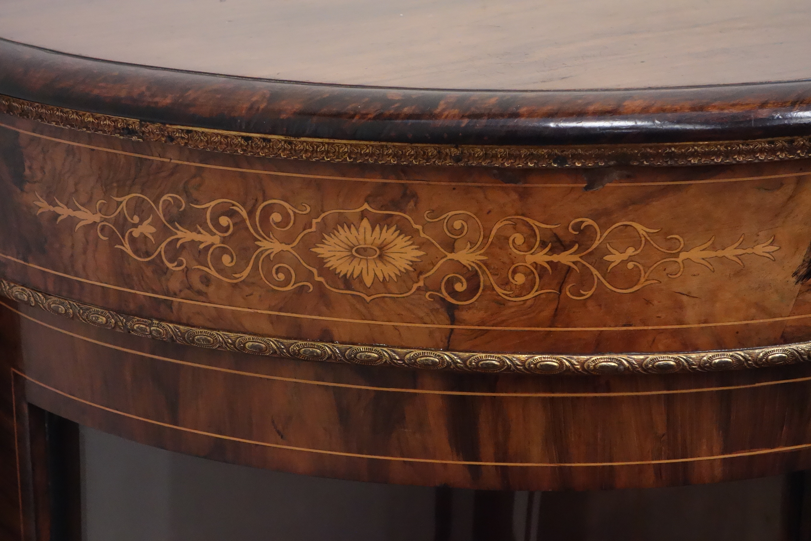 Victorian inlaid figured walnut credenza, moulded rounded rectangular top over frieze panel, - Image 3 of 3