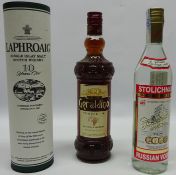 Laphroaig single malt Scotch Whisky in carton Stolichnaya Vodka and Grealdino Moscatel 3 Bottles