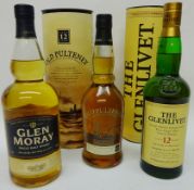 Old Pulteney The Glenlivet single malt Scotch Whisky in cartons and Glen Moray 3 Bottles