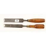 Two bevel edge chisels 1 1/4" by IBBOTSON and 1 1/2" by JOHNSON G