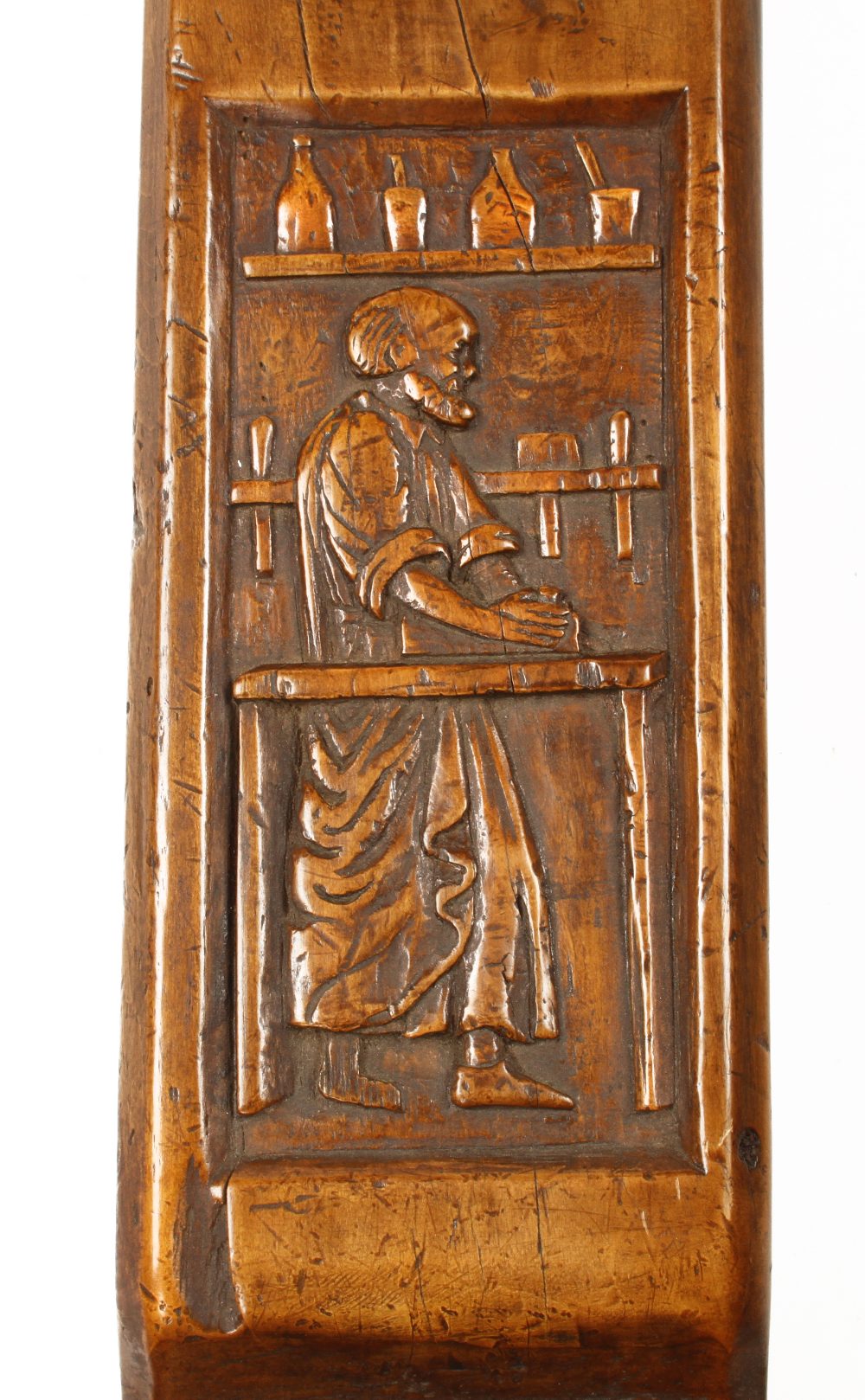 An unusual 18c French fruitwood jointer 38" x 5" with the most attractive carving of a carpenter - Image 3 of 3