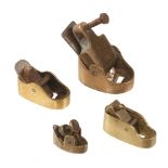 Four early miniature brass violin makers planes 1" x 1/2" to 2" x 1 1/4" all with different wedge