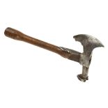 An unusual 17/18c French woodman's strapped branding axe with shapely blade and decorative straps,