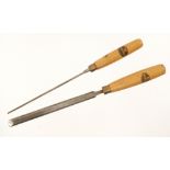 Two unused long bevel edge paring chisels by MARPLES 1/8" and 5/8" with orig decal on boxwood