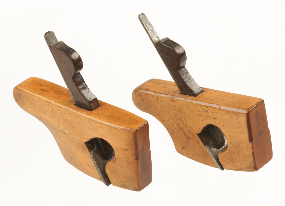 A pair of miniature boxwood tailed compass and flat rebate planes 2 1/4" x 5/8" with ebony wedges