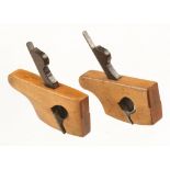A pair of miniature boxwood tailed compass and flat rebate planes 2 1/4" x 5/8" with ebony wedges