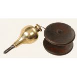 A fine early 5" steel tipped brass plumb bob with steel point and knurled screw c/w wood reel G++