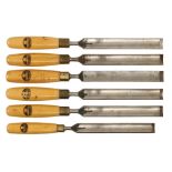 A set of 6 unused long paring gouges by MARPLES 1" to 1 1/8" all slightly different with orig decal