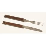 A mid 19c campaign knife and fork set with rosewood inlaid handles G+