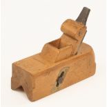 A beech sliding box type chamfer plane with scrolled wedge and brass slide G+