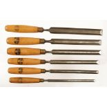 A set of 6 long bevelled edge paring chisels by MARPLES 3/8" to 1" with boxwood handles G++