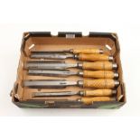 A set of seven chisels and gouges by TYZACK with matching hooped handles G+