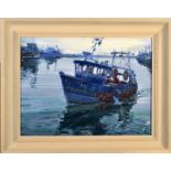 BERNARD EVANS Fishing Boat, Newlyn Oil on canvas Signed with initials, further signed inscribed