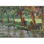 BORDAS (RUSSIAN?)
Fishing on a Riverbank
Oil on canvas 
Indistinctly signed and dated 1961
33 x