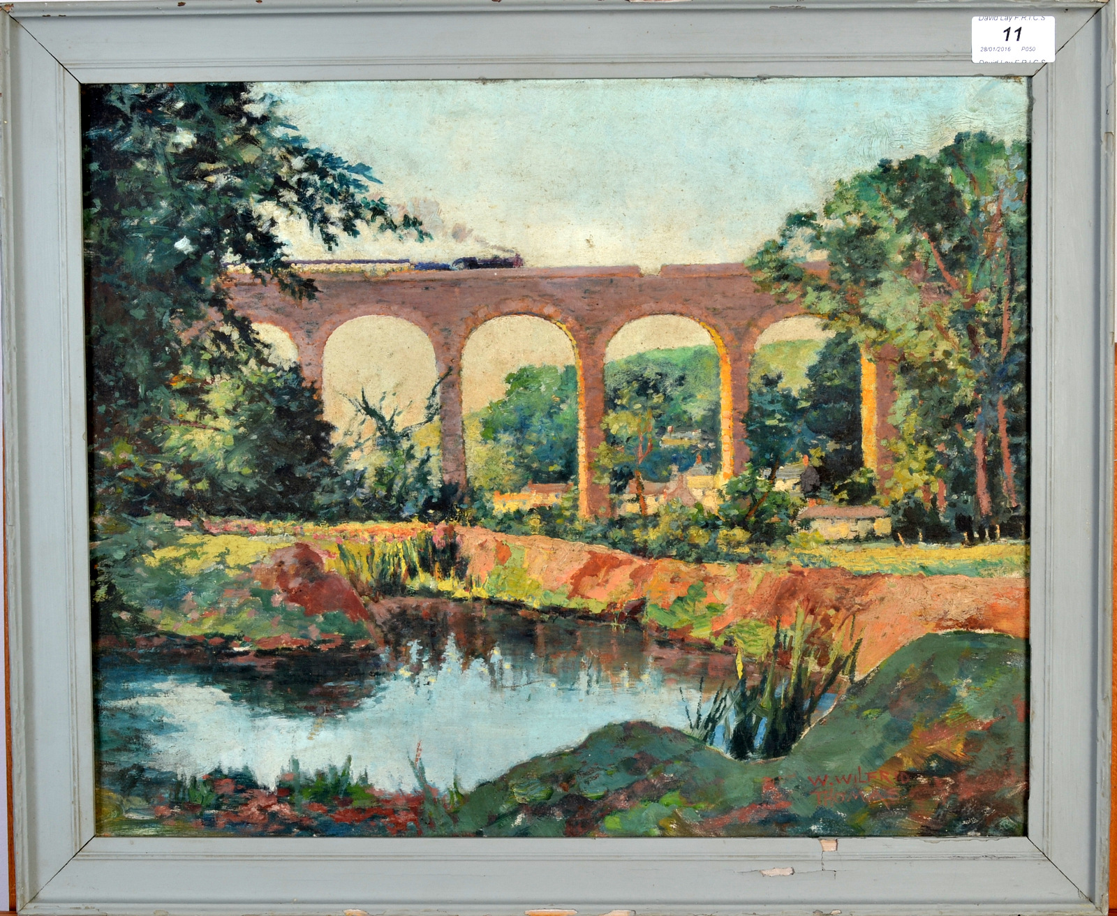 W WILFRID THOMAS Steam train crossing the viaduct at Angarrack Oil on canvas Signed 36 x 46cm