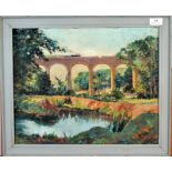 W WILFRID THOMAS Steam train crossing the viaduct at Angarrack Oil on canvas Signed 36 x 46cm