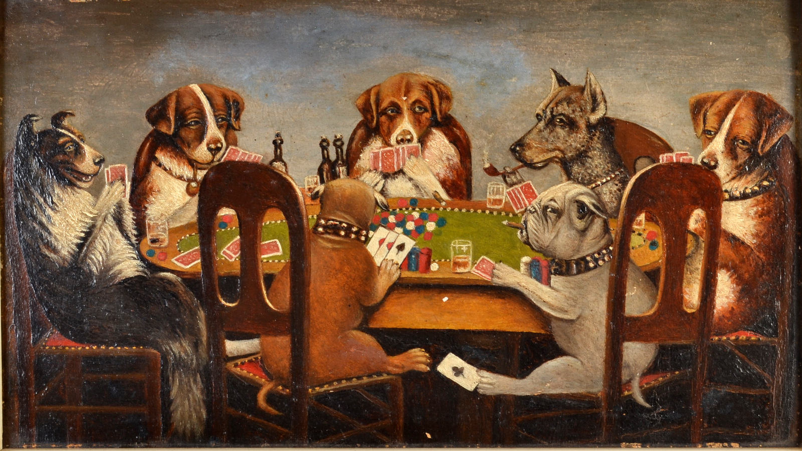 After C M Coolidge 
Dogs Playing Poker 
Oil on board 
19 x 34.5cm Condition Report: 19 x 34.5 cm