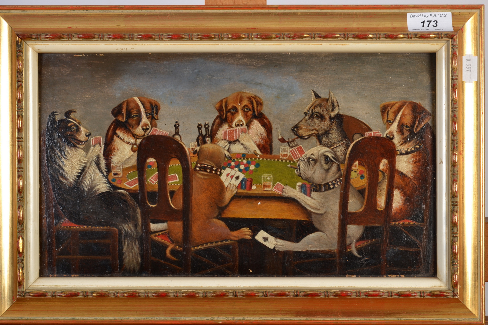 After C M Coolidge 
Dogs Playing Poker 
Oil on board 
19 x 34.5cm Condition Report: 19 x 34.5 cm - Image 2 of 2