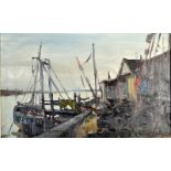 JACK COX
Fishing boats at port
Oil on board
Signed 
34 x 54.5cm Condition Report: No condition