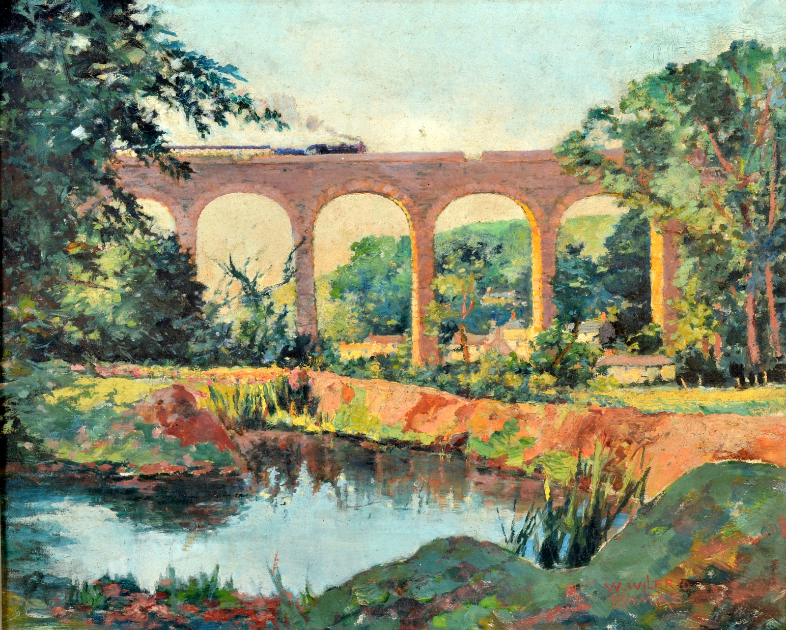 W WILFRID THOMAS Steam train crossing the viaduct at Angarrack Oil on canvas Signed 36 x 46cm - Image 2 of 2