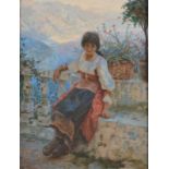 MARTIN GWILT JOLLEY 
Jeune Fille D'amalfi
She sits on a terrace the sunlit mountainous coast behind